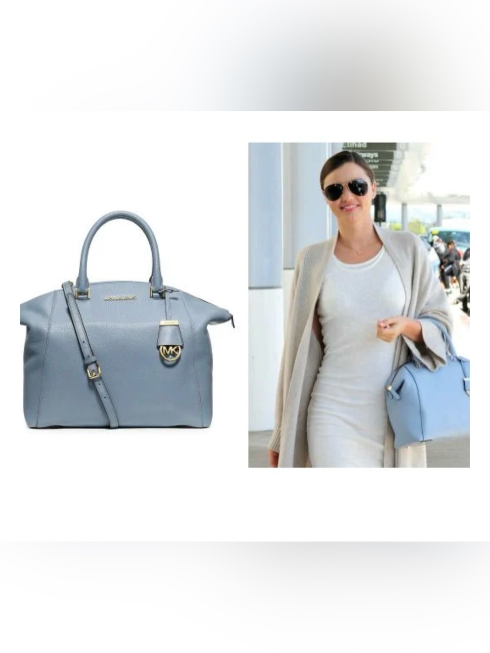 Michael Kors Pale Blue Pebbled Leather Satchel with Gold Hardware